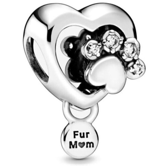 Sterling Silver Sparkling Paw Print & Heart Charm Fits Original Bracelet - Picture 4 of 4